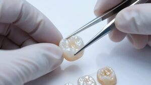 Стоматолог выбирает керамические коронки из различных материалов с помощью прецизионного пинцета